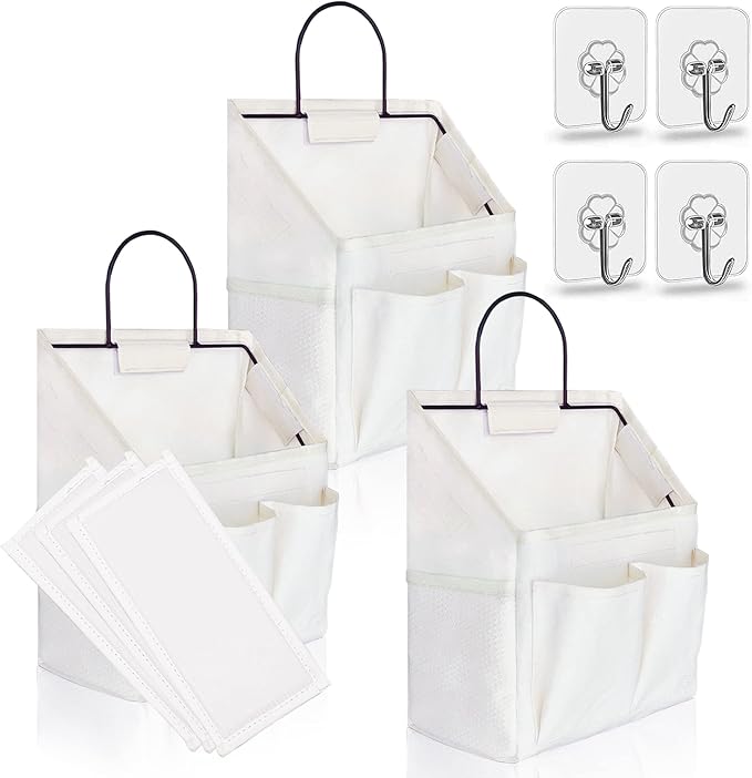 Kanrichu 3pcs Wall Hanging Organizer Bag, Linen Fabric Door Hanging Storage Basket with Pockets, Waterproof Bin for Kitchen, Bedroom, Office, RV Camper (White)
