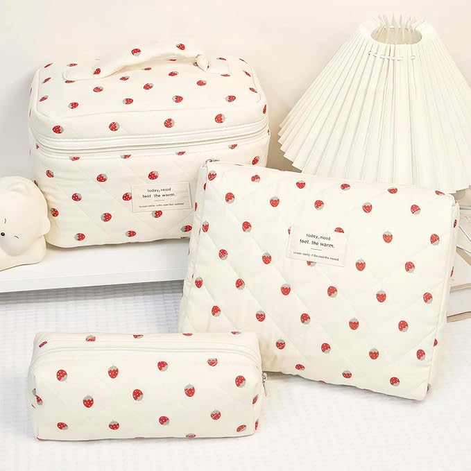Quilted Makeup Bag, Large Capacity Travel Cosmetic Bag for Women and Girls, Aesthetic Storage for Daily and Travel Use (3pcs-strawberry, Pink Bow)