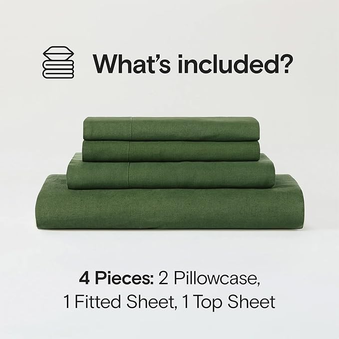 Sijo Stone Washed Organic French Linen Bed Sheet Set, GOTS Certified Organic, Best Cooling Linen Sheet Award by Sleep Foundation, 4 Piece - 2 Pillowcases, 1 Fitted and 1 Flat (Forest, Full)