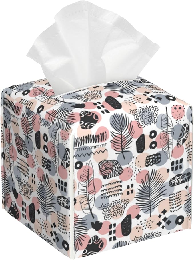Boho Vintage Leather Tissue Box Holder Abstract Plant Leaves Tissue Box Cover Facial Paper Case Organizer Cube Napkin Dispenser for Bathroom Vanity Countertop Night Stand Office Car
