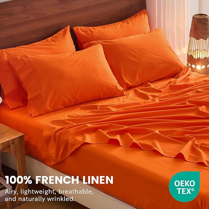 Bedlifes 100% French Flax Linen Sheets Set Queen Size - 6 Piece Extra Deep Pocket 18-24",Soft Breathable Queen Bed Sheets with Temperature Regulating & Moisture-Wicking(Orange
