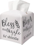 Leather Decorative Tissue Box Cover Square, Tissue Box Cover Holder with Belt Bottom, Positive Quote Gift Ideas for Friends, Bless This Hizzle Decor for Bathroom Office-(5.2 Inches)
