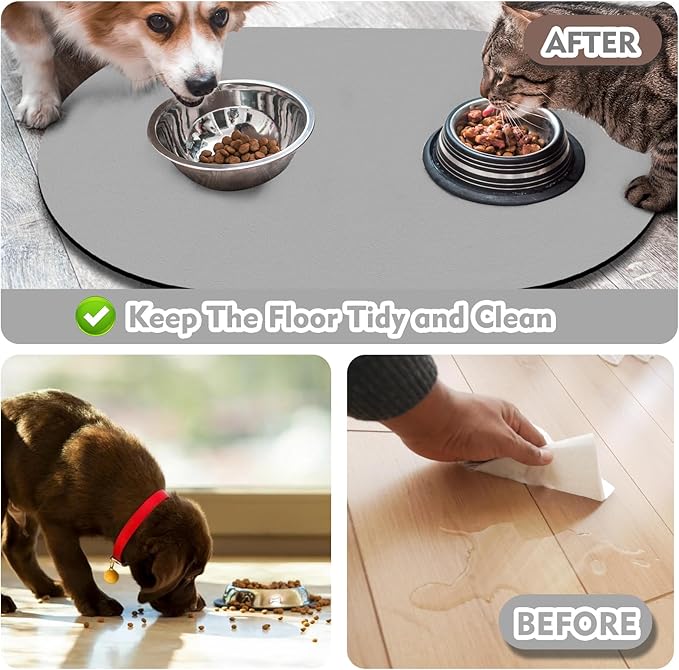METEOROCK Dog Food Mat 20''x12'', Small Pet Feeding Mat, Non-Slip Rubber Pet Food Mat, Absorbent Cat Dog Water Bowl Mat for Messy Drinkers, Dogs Bowl Placemat for Food and Water, Light Gray