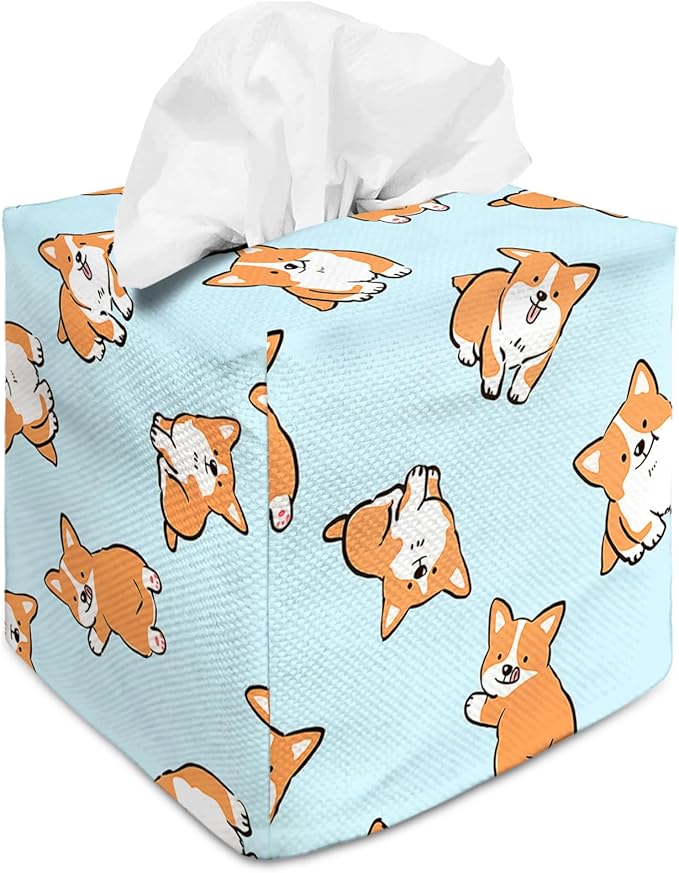 Tissue Box Cover Square Decorative Tissue Box Holder Cute Funny Cube Tissue Case Cover-Corgi Tissue Box Cover