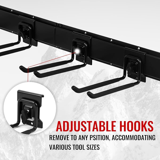 Aking Ace Garage Organization Wall Mount,96inch Garden Tool Organizer with 6 Clamping Hooks, Heavy Duty, Garage Hanging Storage Rack for Yard Tools, Shovel, Shed, Hold Up to 420lbs (96Inch Black)