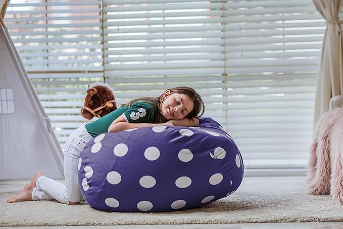 WEKAPO Stuffed Animal Storage Bean Bag Chair Cover for Kids | Stuffable Zipper Beanbag for Organizing Children Plush Toys Large Premium Cotton Canvas (Navy Dot, XX-Large)
