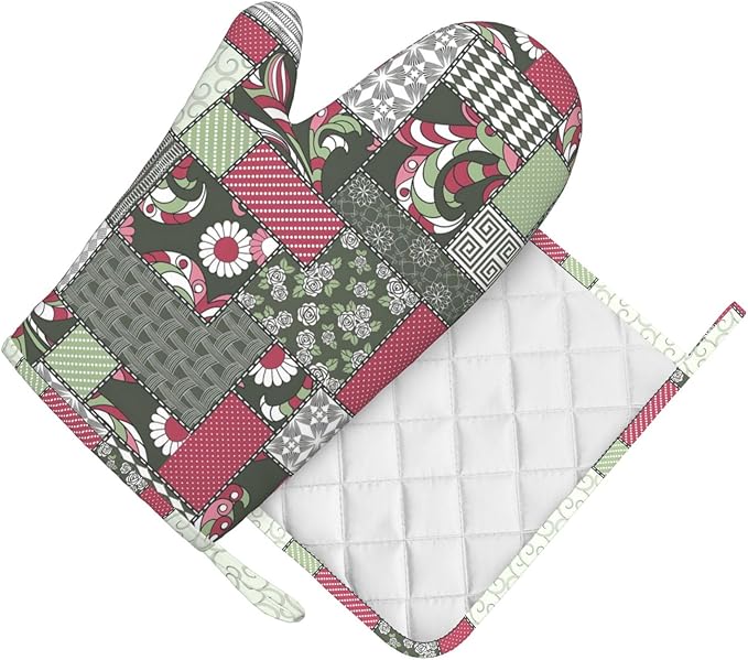 Silicone Oven Mitts and Pot Holders Sets, Home Floral Heat Resistant BBQ Gloves for Kitchen Baking Cooking Grilling Microwave