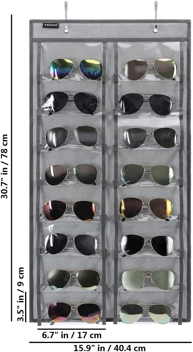 ANZORG Over the Door Hanging Sunglasses Organizer Storage Sunglass Rack Holder Eyewear Display Case with 16 Clear Dust Proof Pockets (16 Pockets-Grey)
