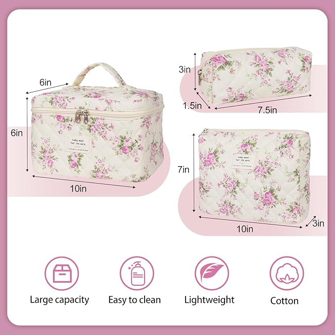 SXS LACONIC Quilted Makeup Bag,Large Cosmetics Bag Set,Cotton Coquette Floral Make up Pouch,Travel Toiletry Bag for Women
