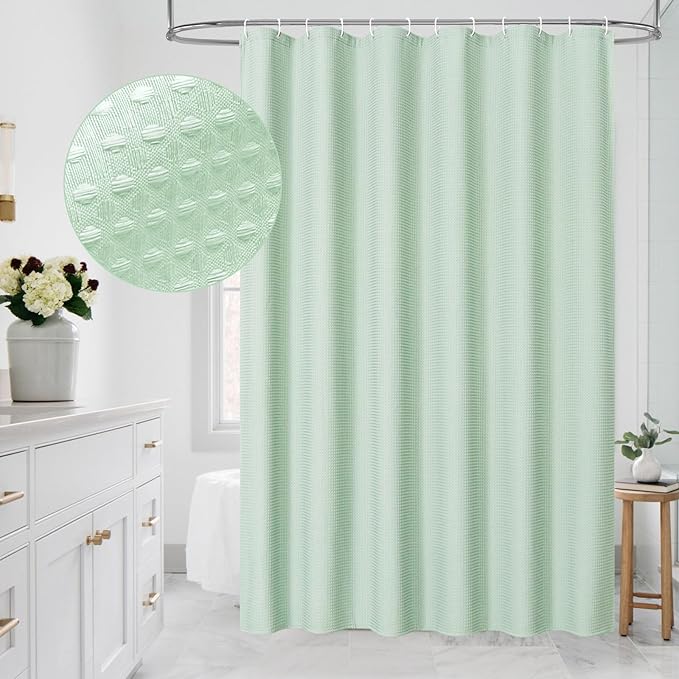 MitoVilla Green Waffle Small Stall Shower Curtain 36 x 72, Half Size Fabric Narrow Shower Curtains for Bathroom Decor, 36 inch Weighted Shower Curtain Set with Plastic Hooks, Mint Green