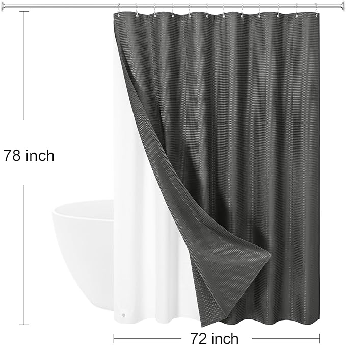 Craidlela 3 in 1 Long Charcoal Grey Shower Curtain Set-72 W x 78 H, Modern Waffle and PEVA Liner Set with 12 Stainless Steel Hooks, Waterproof Fabric for Bathroom