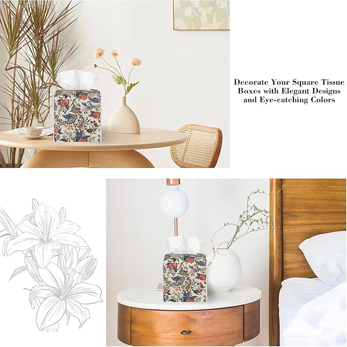 Geometric Colored Indian Flowers Tissue Box Cover,Red Boho Floral Waterproof Leather Square Tissue Box Cover Case Facial Paper Organizer Dispenser Box Holder for Home Office Bathroom Vanity Countertop
