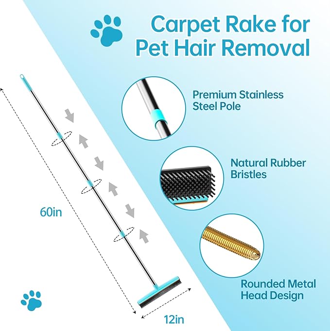 SOCCSO Carpet Rake for Pet Hair Removal (3 Pack),Dog Cat Fur Remover Rubber Broom,Carpet Rake - 60" Long Handle Lint Shaver Cleaner Tools,Scraper Brush for Carpet,Rug,Car Mat,Couch,Pet Bed,Furniture