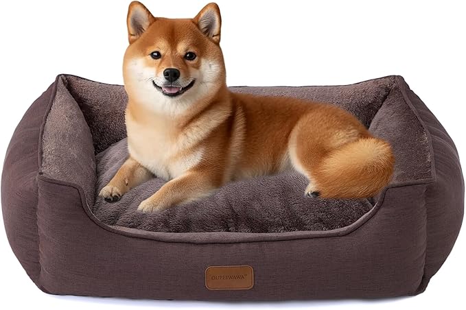 OUPEIWAWA Rectangle Dog Bed for Large Medium Small Dogs Washable Pet Bed with Bolster Sides Non-Slip Bottom Pet Sofa Waterproof Lining Durable Pet Cuddler, Dark-Brown, 33x 26x 7.5