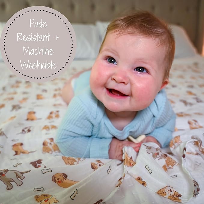 LollyBanks Baby Blanket, 100% Cotton Muslin Swaddle Blankets for Boys and Girls, Large 47 x 47 Inches Infant Receiving Blankets, Soft and Breathable Newborn Blanket, Registry (Puppies Print)