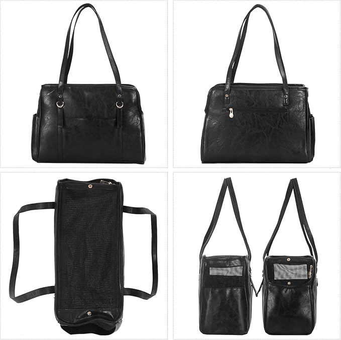 Lasaviin Dog Carrier Purse, Fashion Leather Pet Carrier with Pockets, Airline Approved Soft Sided Dog Carrying Bag for Puppy Cat Dog Black