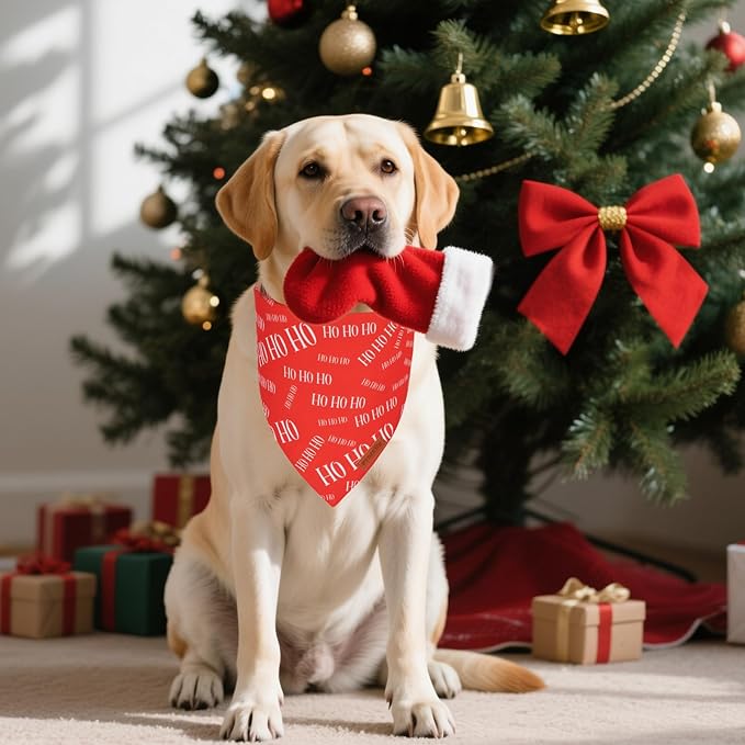 PTDECOR Christmas Dog Bandana, HOHO Santa Design Reversible Holiday Pet Scarf, Premium Durable Fabric, Red Green Triangle Christmas Bandanas for Extra Large Dogs (X-Large)