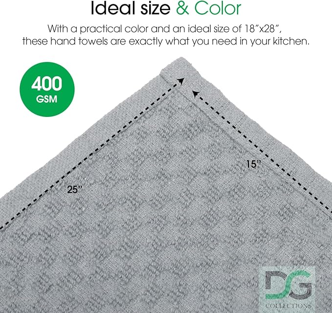 DG Collections Ash Grey Kitchen Towels - 100% Cotton Terry Tea Towels for Cleaning, Drying, and Highly Absorbent Kitchen Dish Cloth for Bar Cleaning - 8 Pack - 15 x 25 Inches