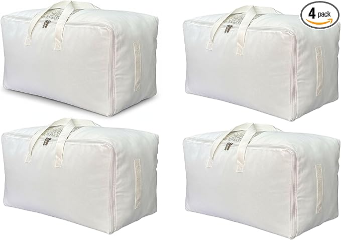 DoYiKe Soft Canvas Clothes Storage Bags with Four Carrying Handles and Clear Window, Closet Organizer for Clothing, Blankets Sheets Pillows and Bedding, 55L, 4 Pack, White