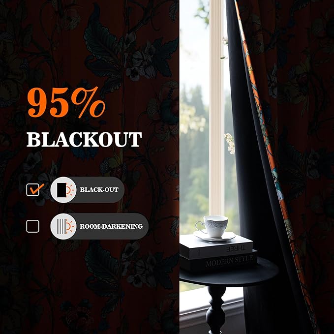 MYSKY HOME Orange Floral Blackout Curtains 84 inches Long for Living Room Bedroom Room Darkening Thermal Insulated Energy Efficient Drapes Grommet Country Window Panels for Home Decor, 2 Pcs, 52" Wide