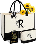 Personalized Gifts for Women - Initial Canvas Tote Bag & Makeup Bag, Custom Bags for Beach, Christmas, Wedding, Birthday, Holiday, Monogram Birthday Gifts for Women, Mom, Wife, Teacher, Friend - R