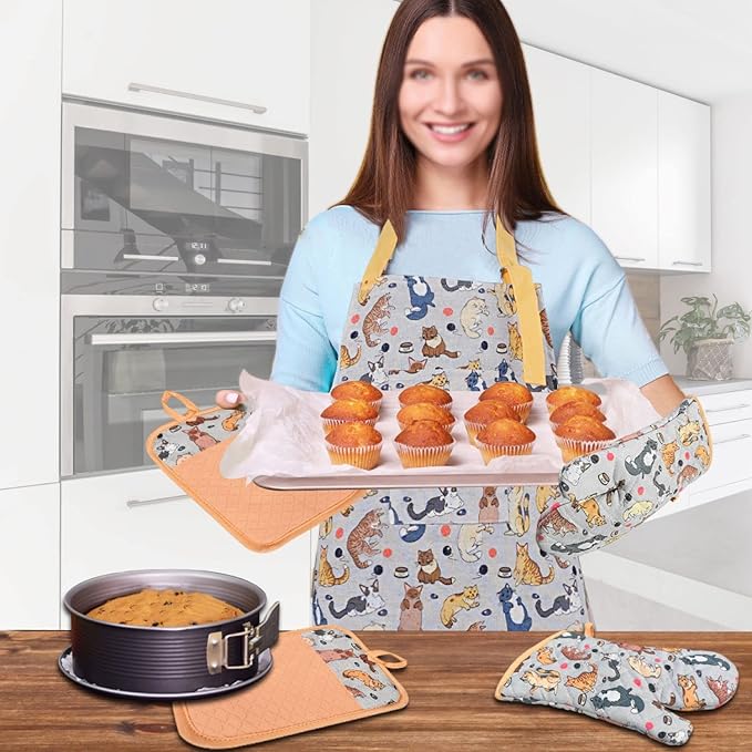 Oven Mitts and Pot Holders with Chef Apron,Set of 5 Heat Resistant Kitchen Gloves and Silicone Non-Slip Potholders Adjustable Neck Buckle Chef Apron, Cotton Nice Design for Cooking (Cat)