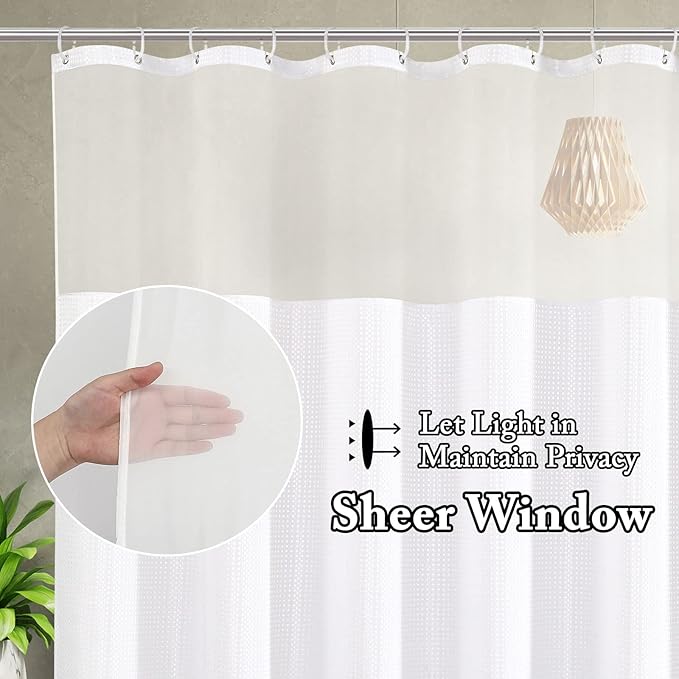 Gibelle Waffle Weave Shower Curtain with Mesh Top Window and Hooks Set, Spa Like Hotel Style Fabric Shower Curtain for Bathroom, White, 72x72