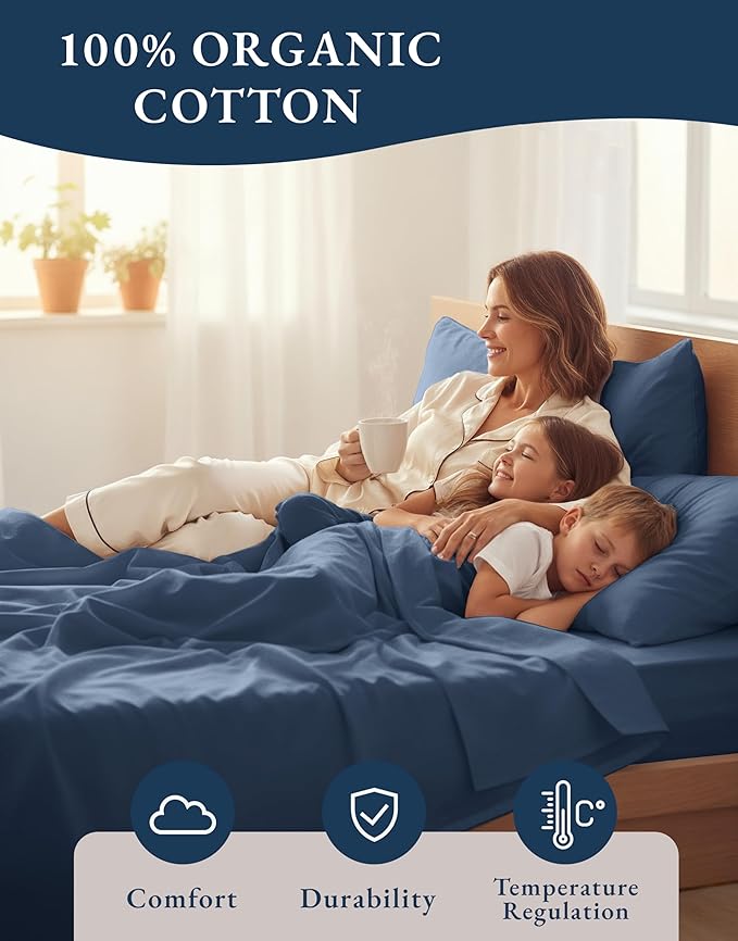 LANE LINEN 100% Organic Cotton Sheets for California King Size Bed - Soft Percale Sheets, Breathable Luxury Hotel Style Fully Elasticized Mercerized 15" Deep Pocket Cal King Sheet Set- Estate Blue