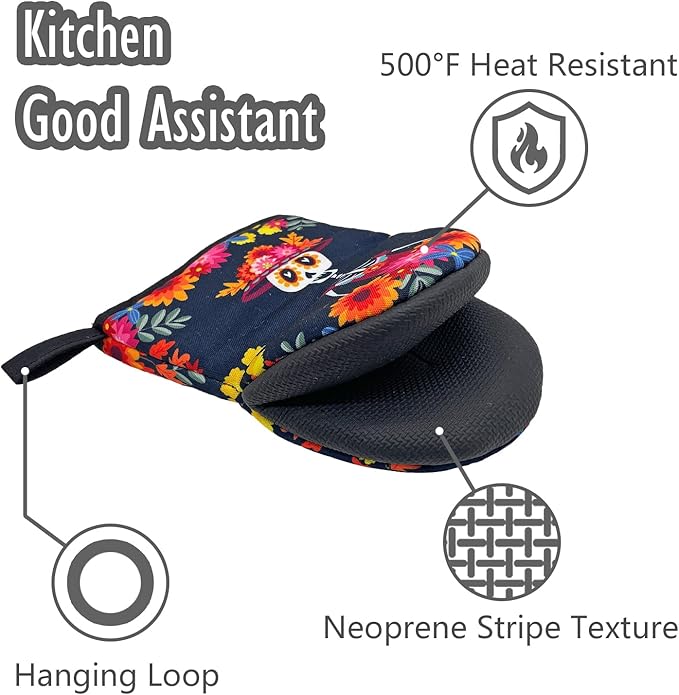 Dia De Los Muertos Mexican Day Skull Mini Silicone Oven Mitts, Heat Slip Resistant Kitchen Gloves 2-Pack Set, Soft Short Small Oven Mittens Pot Holders for Baking Grilling Barbecue Microwave Gift