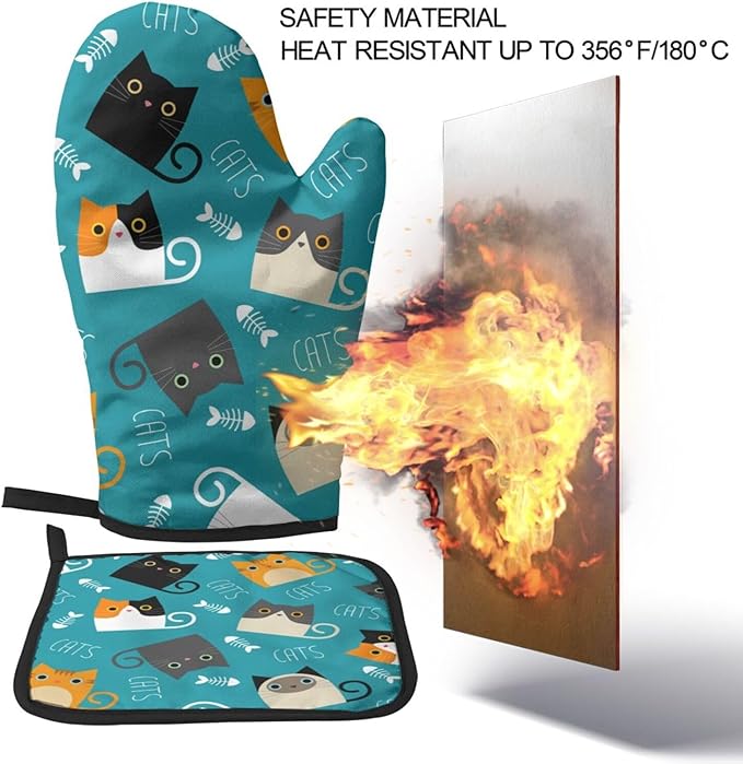 Cute Cats Oven Mitts and Pot Holders Funny Kitten Insulated Gloves & Kitchen Counter Safe Mats for Cooking BBQ Baking Grilling (2-Piece Set)