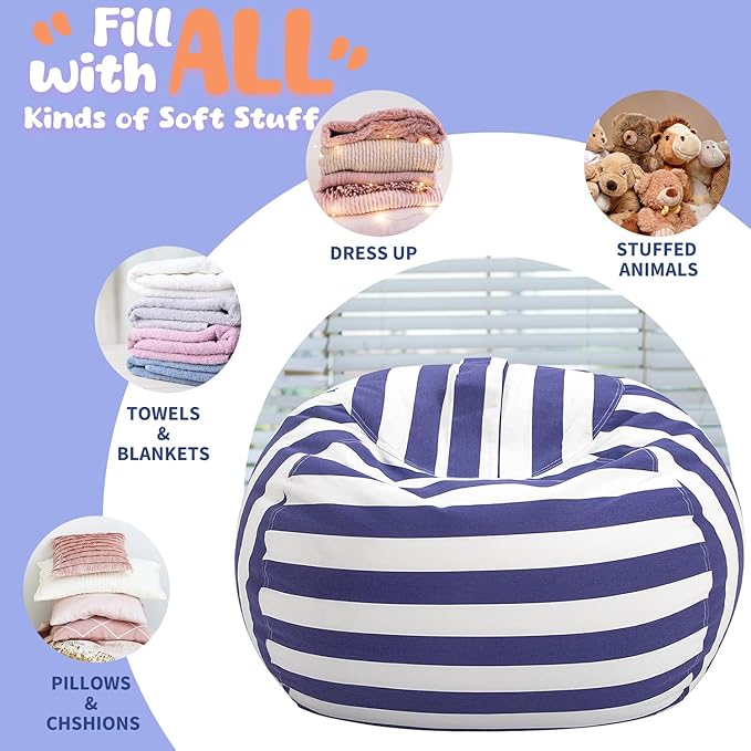 Wekapo Stuffed Animal Storage Bean Bag Chair Cover for Kids | Stuffable Zipper Beanbag for Organizing Children Plush Toys Large Premium Cotton Canvas (Navy Strip, X-Large)
