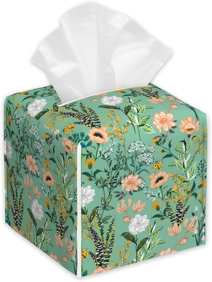 Garden Flower Blooming Tissue Box Holder,Cube Tissue Box Cover Holder,Leather Facial Paper Organizer Dispenser Home for Bedroom Night Stands,Kitchen,Office and Car,5.2"×5.2"×5.2"