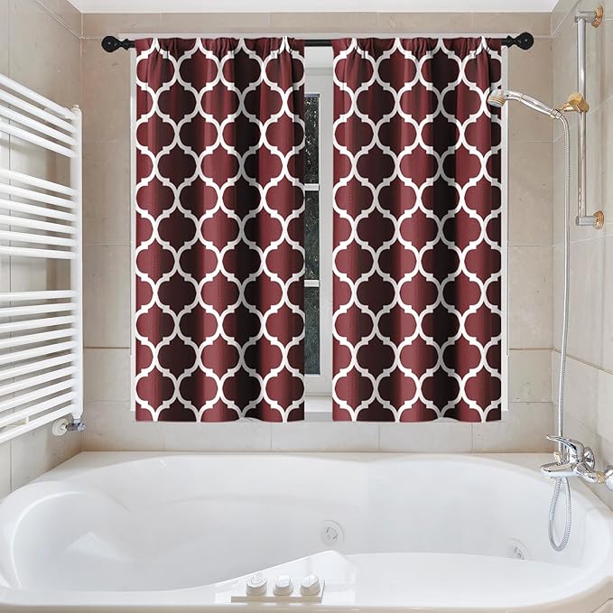 Culudea Quatrefoil Moroccan Burgundy Waffle Cloth Shower Curtain Set, Clover Grid Geometric Plaid Christmas Red Bathroom Window Waterproof Shower Curtains for Bathroom Decor
