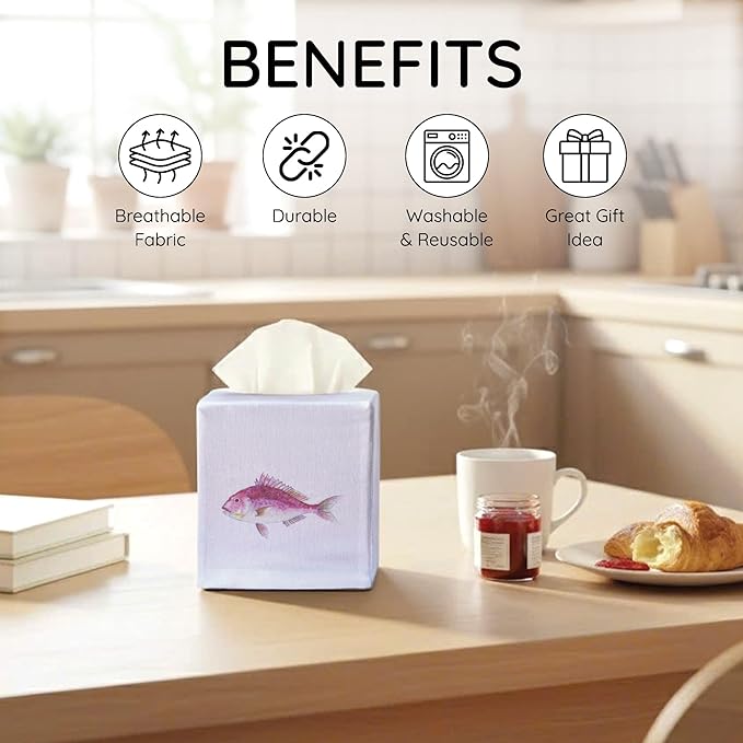 EmbroideryLinen.VN Tissue Box Cover Set of 2, Square Linen Tissue Holder, Printed Animal Pattern, 4.5x4.5x5.5 Inches, Decorative Holder for Bathroom, Living Room, Office (Fish)