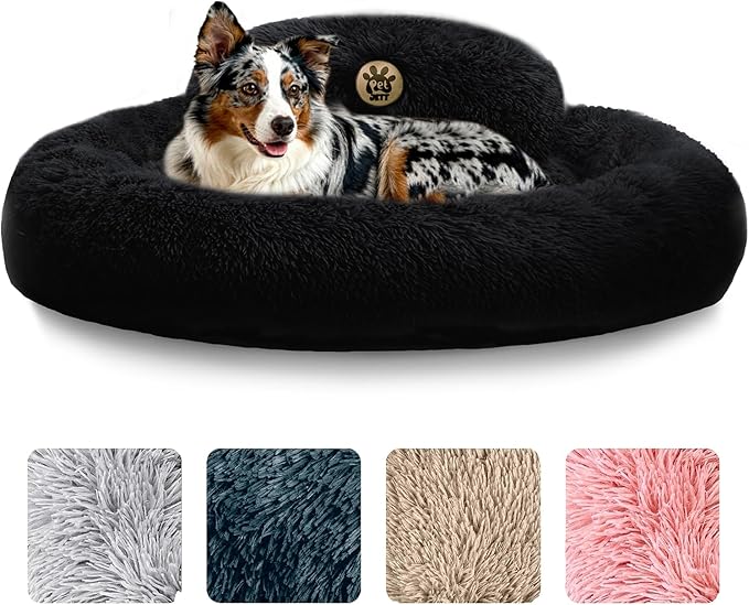 PetJett Calming Dog Beds Large Sized Dog - 36'' Round Bed, Anti-Slip & Washable Super Soft Donut Bed, Fluffy Faux Fur Anti-Anxiety Premium Comfort Pet Bed, Fits Dogs up to 80 lbs - Black
