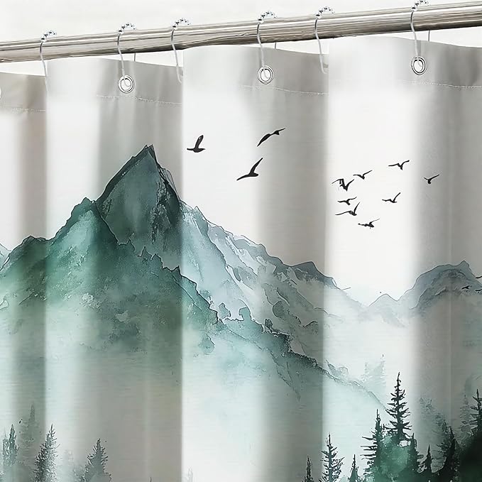 mutakin Mountain Tree Shower Curtain Watercolor Landscape Shower Curtains for Bathroom Waterproof Fabric Bath Curtain Decor with Hooks