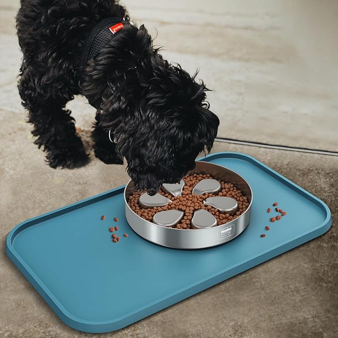 Feedoo Pet Feeding Mat [Warped Resistant Raised Edge], Water-Proof Silicone Placement for Food Water Bowls, Anti-Slip Base Protect Floor, BPA-Free&Dishwasher-Safe [23.5x13.5inch Large, Blue]
