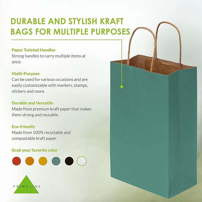 Prime Line Packaging Mini Green Gift Bags with Handles, Kraft Paper Shopping Bags for Treats, Goodies, Party Favors, Christmas, Holidays, Bulk, 6x3x9, 100 Pack