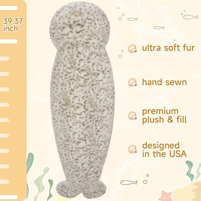 Tezituor 39 inch Giant Seal Stuffed Animal, Long Seal Plush Body Pillow, Hugging Soft Stuffed Ocean Seal Plush for Sleeping Kids Girlfriend