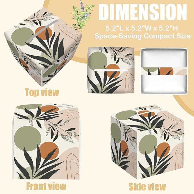 BLYKVGHQ Boho Geometric Art Square Tissue Box Cover Abstract Leaves Tissue Box Holder Facial Cube Paper Dispenser Leather Decorative Organizer Home Office Desk Decor, 5.2"x5.2"x5.2"