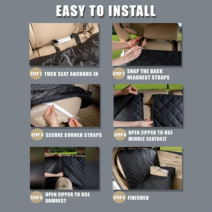 YOVEEKLE Back Car Seat Cover for Dogs, Nonslip Waterproof Dog Car Seat Protector for Rear Bench Stays Securely in Place Fits for Vehicles & SUVs (All Black)