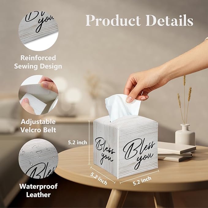 Bless You Tissue Box Cover Square, Decorative Tissue Box Holder for Bedroom Bathroom Kitchen Office Vanity Countertop, Leather Facial Paper Organizer Dispenser -06