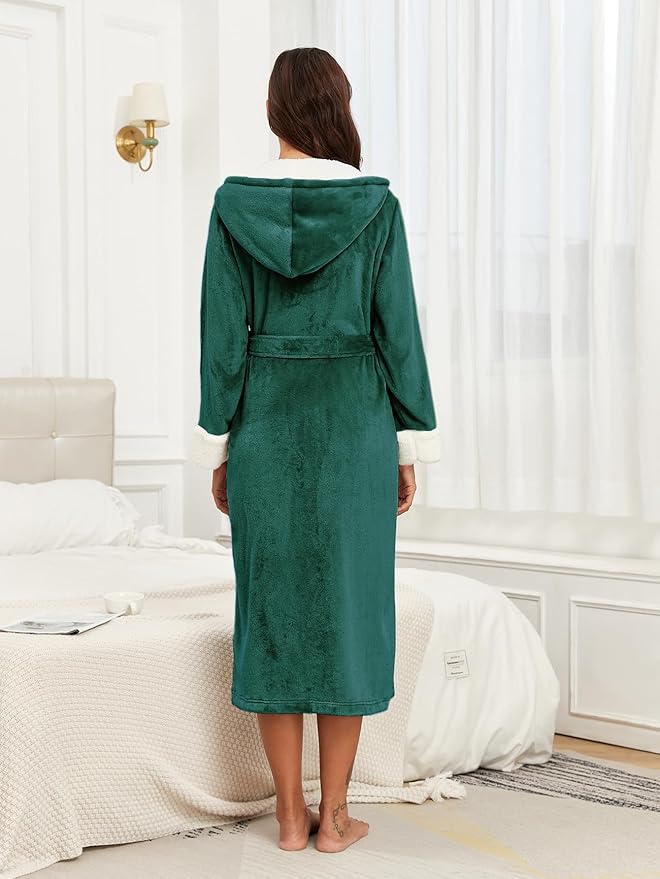 RONGTAI Womens Plush Fleece Hooded Bathrobe, Thick Nightgown Long Robe Sleepwear with Two Side Pockets and Belt