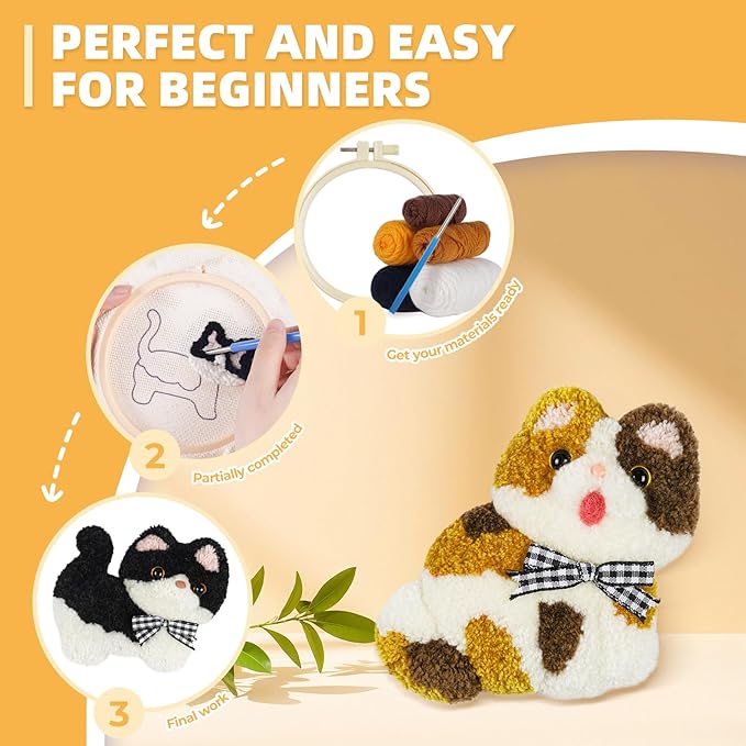 Punch Needle kit-4,Embroidery kit for Beginners,Punch Needle Kits Adults Beginner,Needles, Curved Scissors, a Tool Storage Box, Yarn, Easy-to-Follow Instructions, and Tutorial Videos-(Cat-Dog Duo)