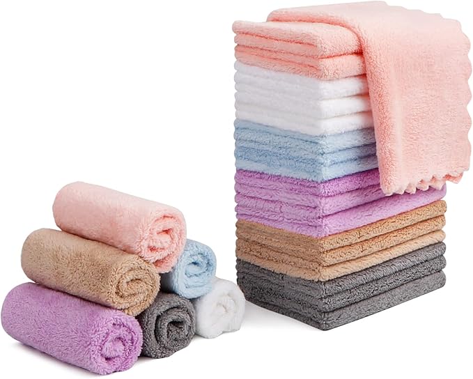 Orighty Makeup Remover Cloths, Cleansing, Reusable, Soft & Washable Coral Fleece Microfiber Washcloths/Towel for Face, Eye, Lips, Pack of 24, 7 x 7 inch