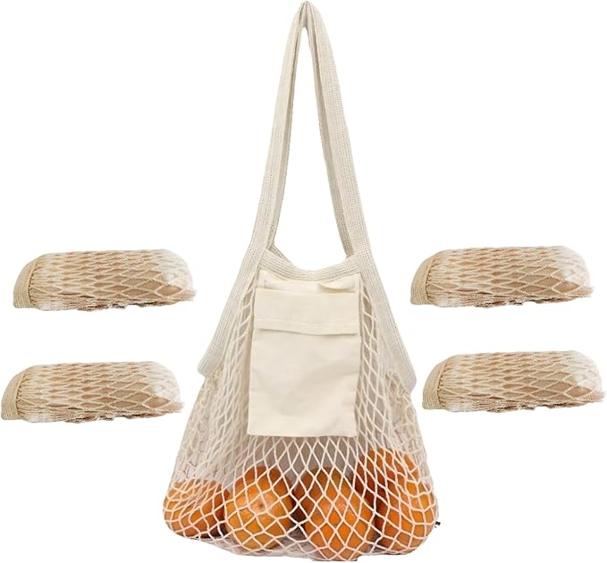 HEYIBURAN Extra Long Handle Farmers Market Bag with Utility Pocket, Cotton Mesh Tote, Reusable Mesh Produce Bags, Machine Washable for Produce and Grocery Hauls(4 Pcs)