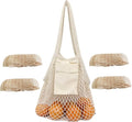 HEYIBURAN Extra Long Handle Farmers Market Bag with Utility Pocket, Cotton Mesh Tote, Reusable Mesh Produce Bags, Machine Washable for Produce and Grocery Hauls(4 Pcs)