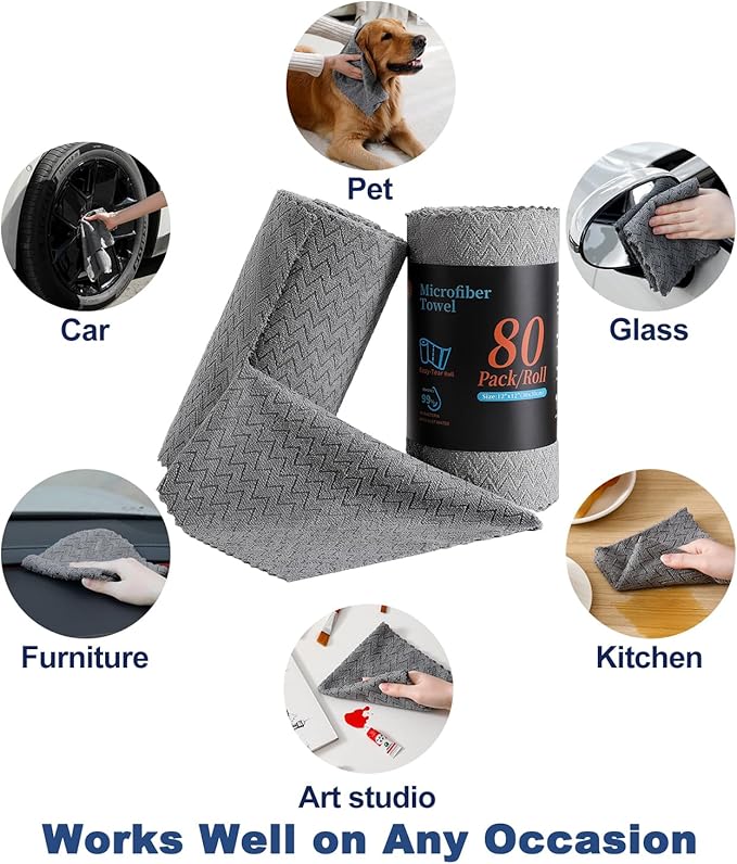 Tigona 80 Pack Microfiber Cleaning Cloth Roll Reusable Paper Towels 12"x12" Tear Away Cloth,Absorbent Dish Rags for House Kitchen,Wash Cloths,Lint Free Rags for Window Cars Cleaning Supplies