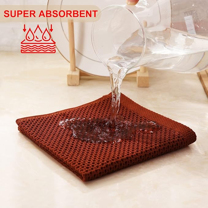 Kitinjoy 100% Cotton Kitchen Dish Cloths, 6 Pack Waffle Weave Dish Towels Ultra Soft Absorbent Quick Drying Dish Rags, 12 X 12 Inches, Rust
