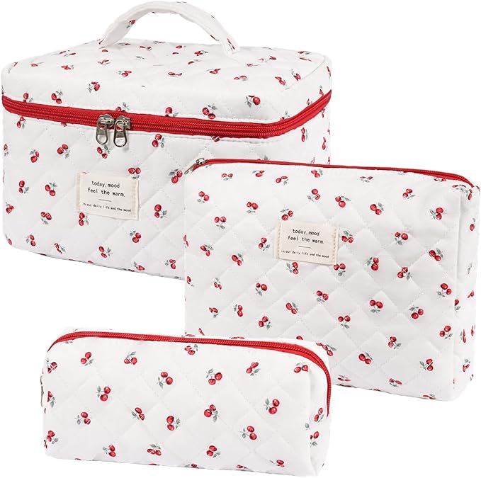 SXS LACONIC Quilted Makeup Bag,Large Cosmetics Bag Set,Cotton Coquette Floral Make up Pouch,Travel Toiletry Bag for Women